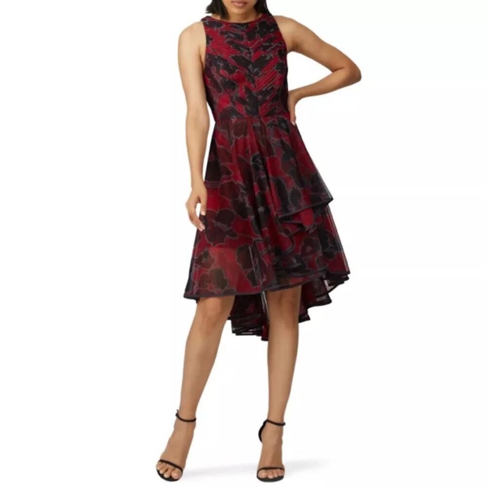 HALSTON Red Black Sleeveless Tulle Mid Length Floral Pleated High Low Dress 10